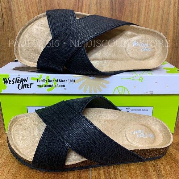 WESTERN CHIEF Women's Metallic Cross Sandals, Black - Picture 1 of 4